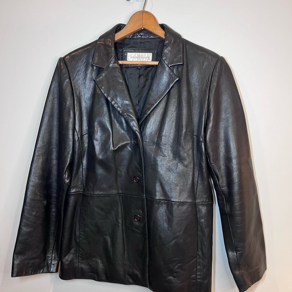 Vintage Women's Black Leather Jones New York Coat Jacket Blazer size lagre